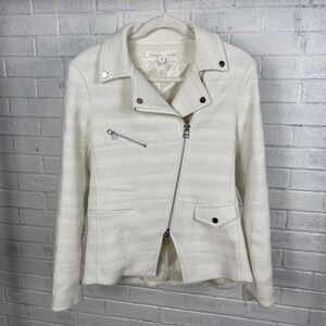 Veronica Beard Hadley Tweed Asymmetric Zip Moto Jacket Womens Size 6‎ White Edgy